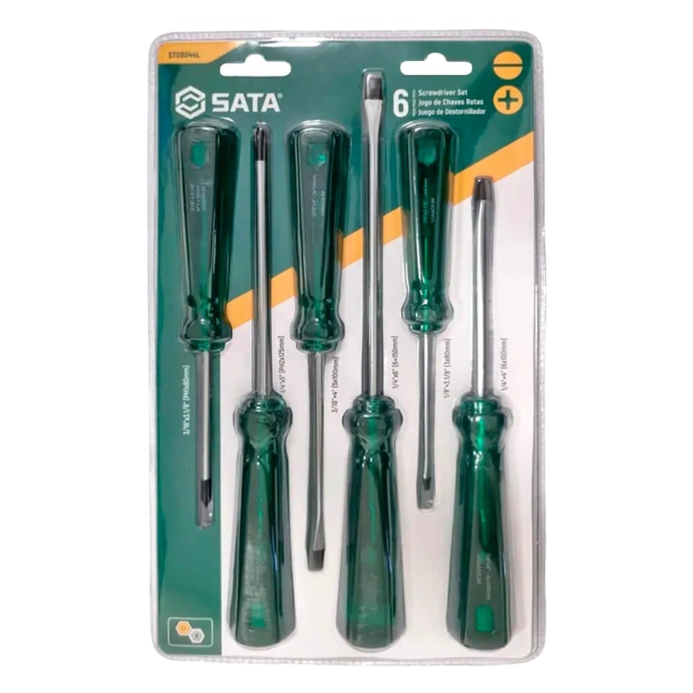 Jogo Chave de Fenda e Phillips 6pcs 4 Fendas e 2 Phillips CRV 1/8X3.1/8A1/4X6" Sata ST08044L