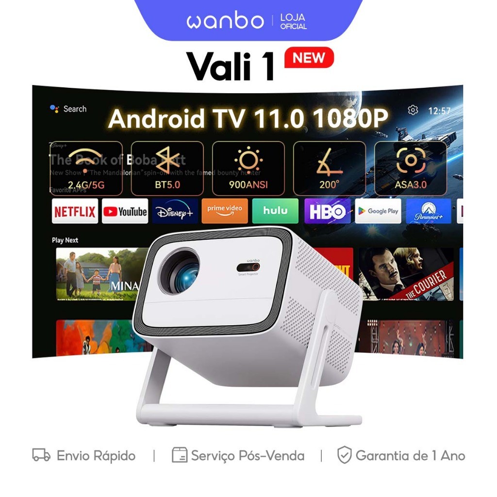 Projetor para Casa Wanbo Vali 1 Netflix Oficial 1080P 900 ANSI Android TV 11.0 ASA3.0 Correcao Automatica 180 Polegadas