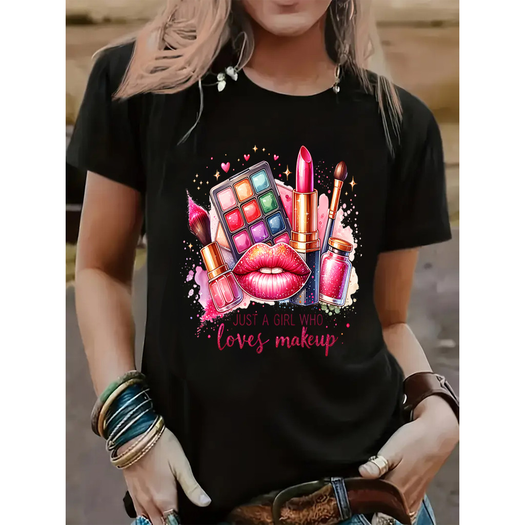 Camiseta Feminina "Just a Who Loves Makeup" Maquiagem Batom Colorido Design Confortável Divertida Estilosa Casual