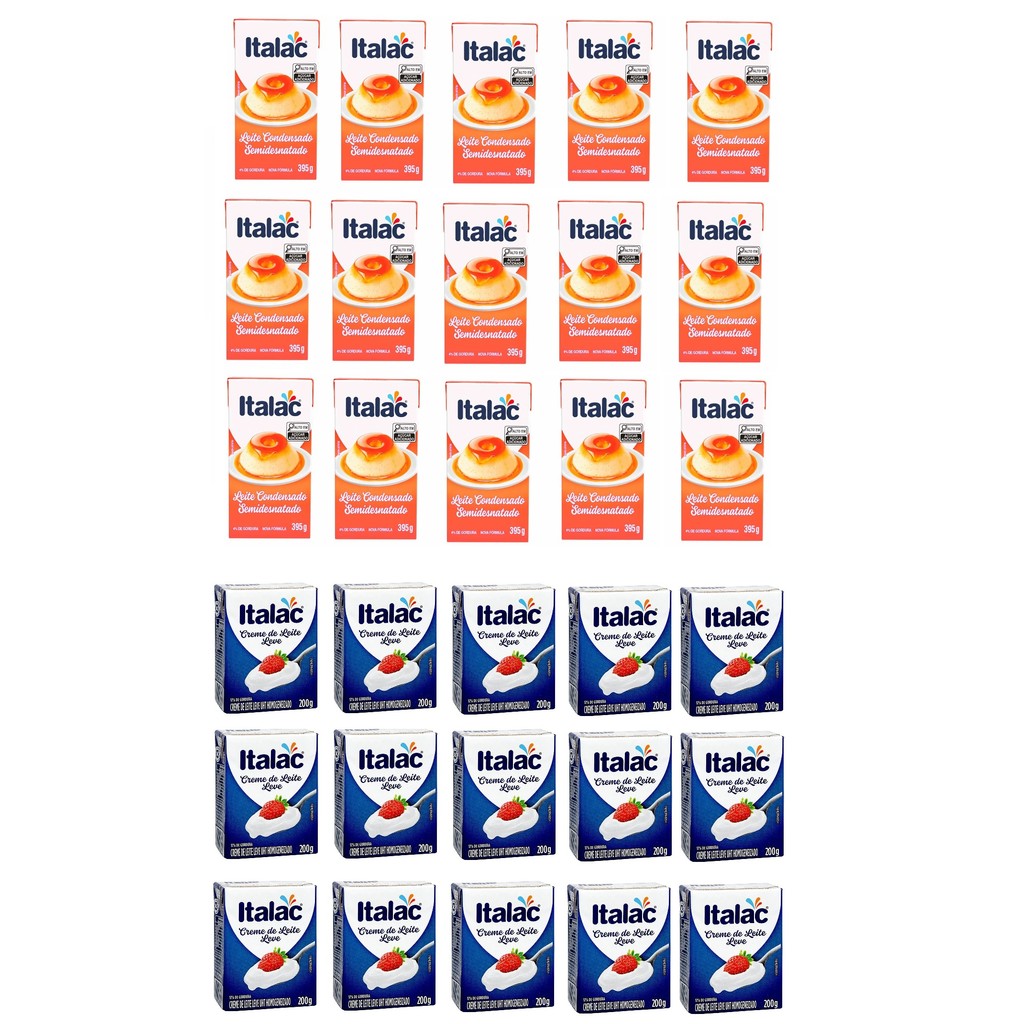 KIT ITALAC 30 unidades /15 unidades leite condensado Semi italac 395g  e 15 unidades creme de leite italac 200g