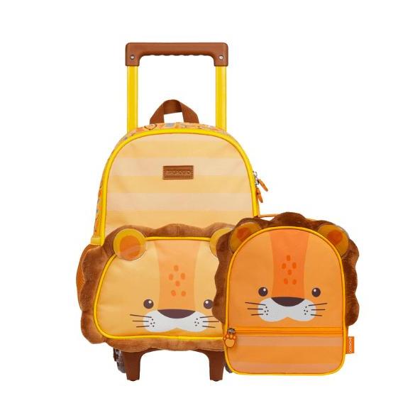 Kit Mochila de Rodinhas e Lancheira Infantil Térmica Pets Leão Baby Laranja