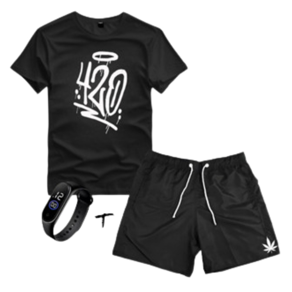 Conjunto Kit Camiseta E Bermuda Tectel + Relogio Estampa 420 Camisa Masculina