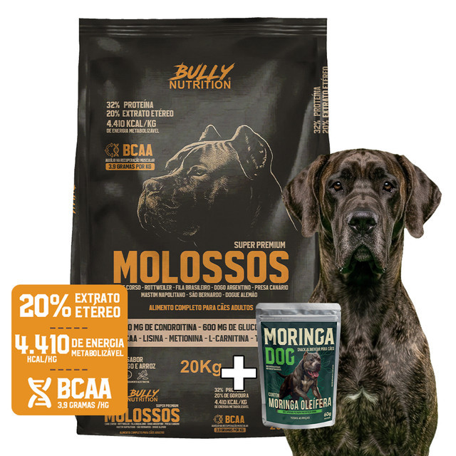 Ração Para Cachorro Dogue Alemão Molossos Super Premium 20Kg + Moringa Dog 60g