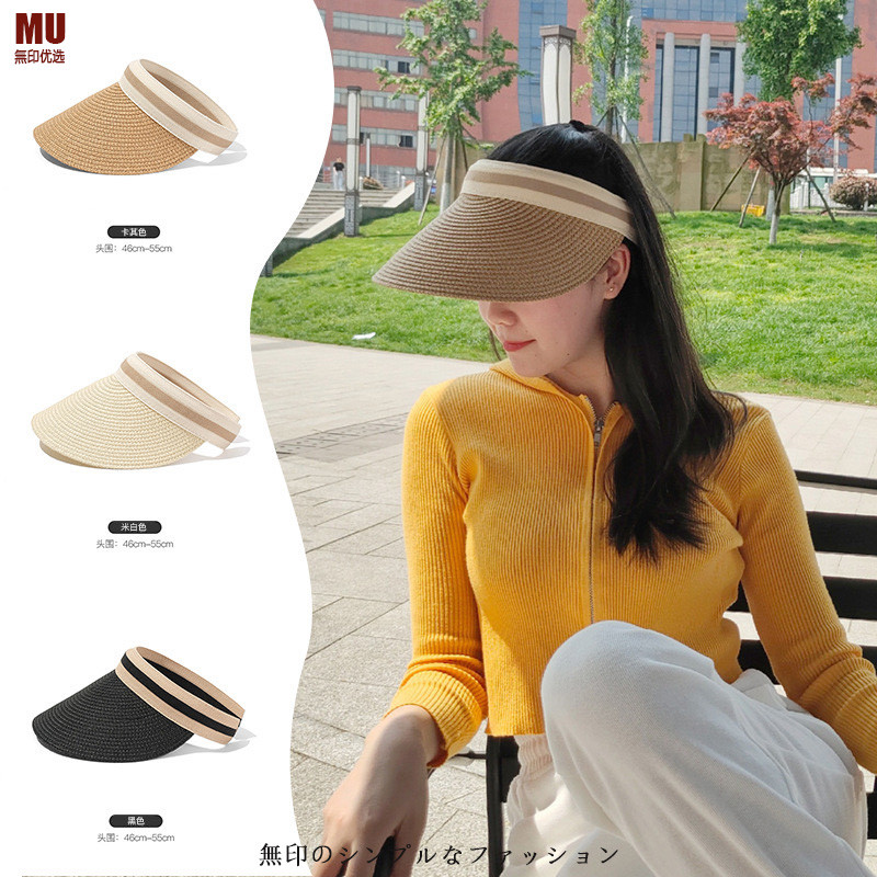 MU Muji palha-tecido de aba grande recortada língua oco chapéu superior feminino verão chapéu de sol esportes lazer Hair