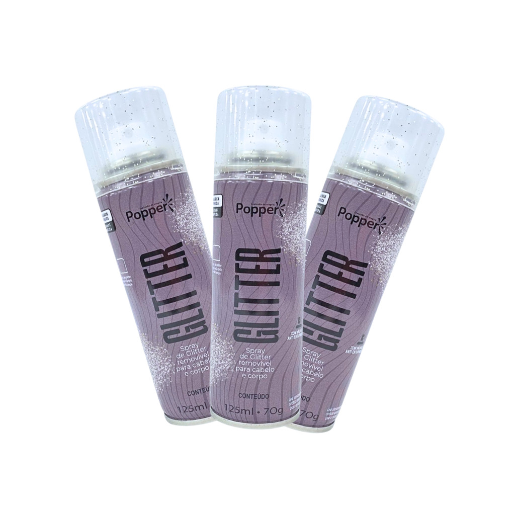 Kit 3 Spray De Glitter Prata 125ml Popper Cabelo Corpo Roupa Maquiagem Brilho Prateado Pequeno Bolsa Festas Carnaval