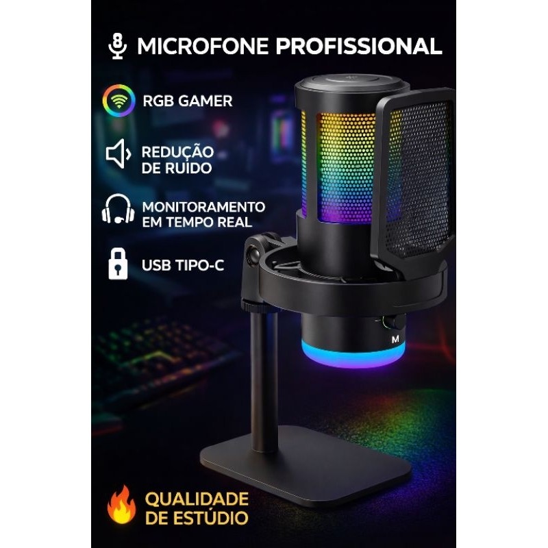 Microfone Condensador RGB Profissional Gamer USB Tipo C Podcast Streamer Alta Qualidade Com Redução De Ruído