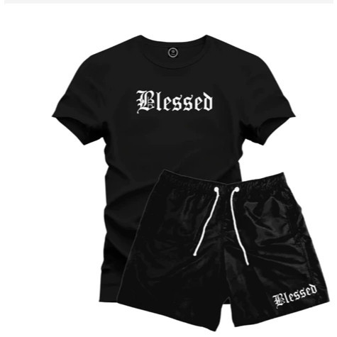 Kit Camiseta + Short Tectel BLESSED Camisa 100% Algodão Bermuda Tactel em Varias Cores