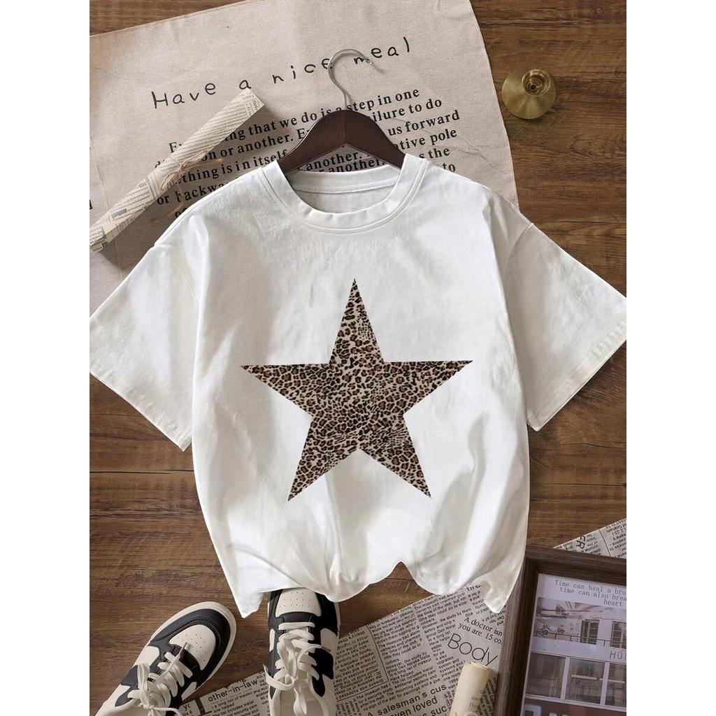 Camiseta 100% Algodão Estrela Onça, Moda Feminina Oversized Casual, Roupas Trendy Confortáveis