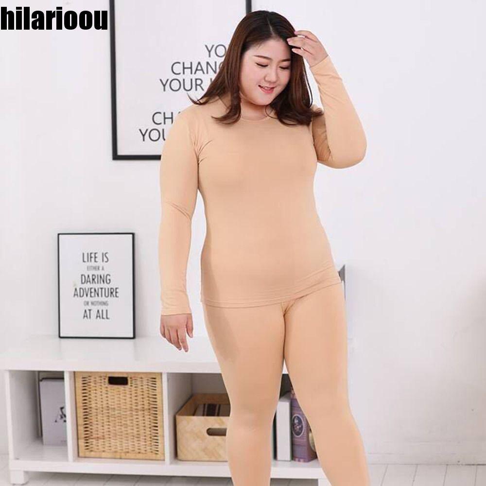 HILARIOOU Roupa Íntima Térmica Para Mulheres Camiseta De Inverno Plus Size Cor Sólida Calças Compridas Conjunto Térmico 