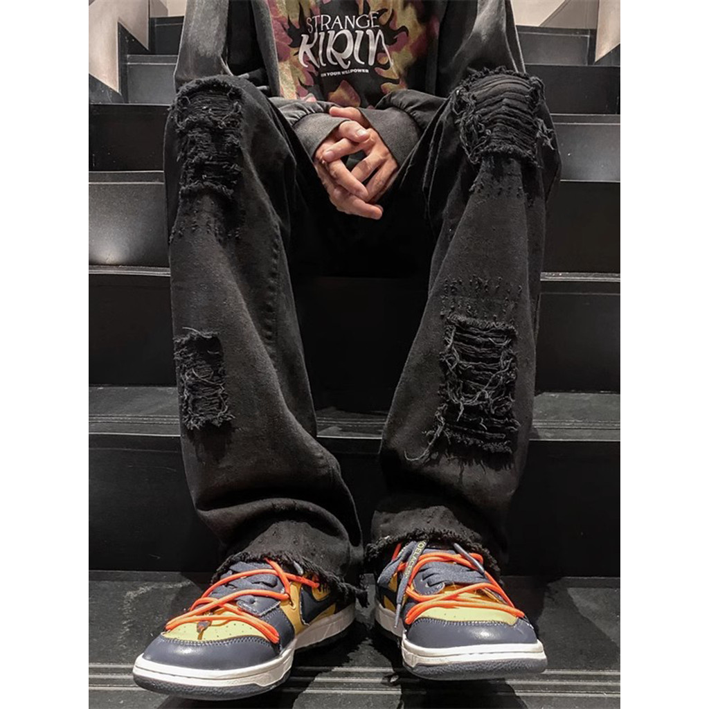 Europeu americano frito rua rasgado Jeans masculino primavera outono ins street Wear High street calças retas soltas All