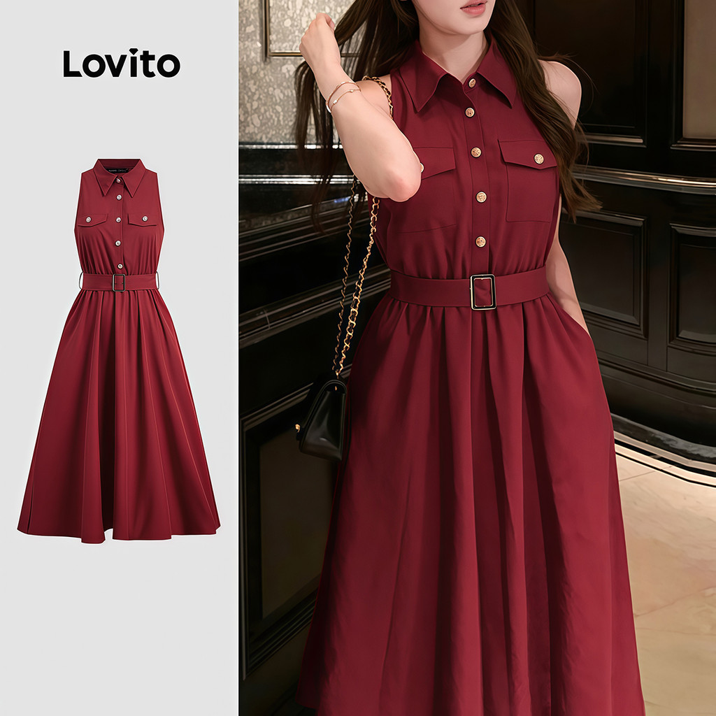 Lovito Elegante Vestido Com Botões E Bolsos Cor Vinho Para Primavera/verão LK2ED