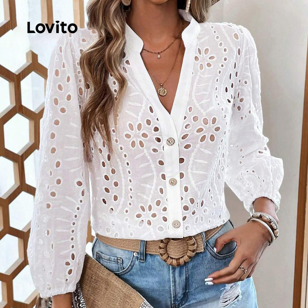 Lovito Blusa Casual Com Botão Liso E Bordado Com Ilhó Frontal Para Mulheres LNL70185