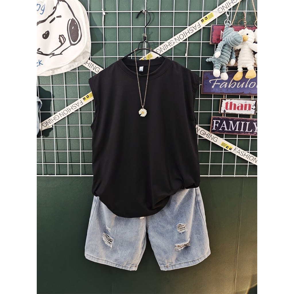Colete sem mangas colete terno masculino verão exterior wear cor sólida manga curta rasgado Denim Shorts bonito masculin
