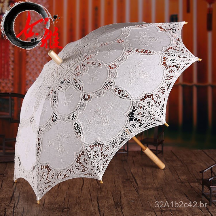 Guarda-chuva de renda branco puro para noivas, guarda-chuva de algodão bordado, adereço de casamento com cabo de madeira