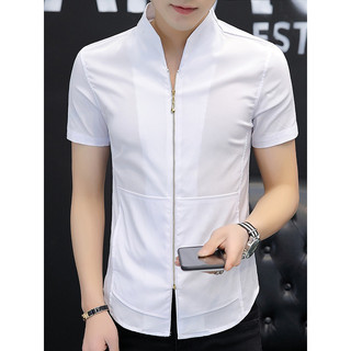 Camisa masculina estilo chinês com zíper gola alta estilo fino verão camisa de seda gelo masculina de manga curta Slim f