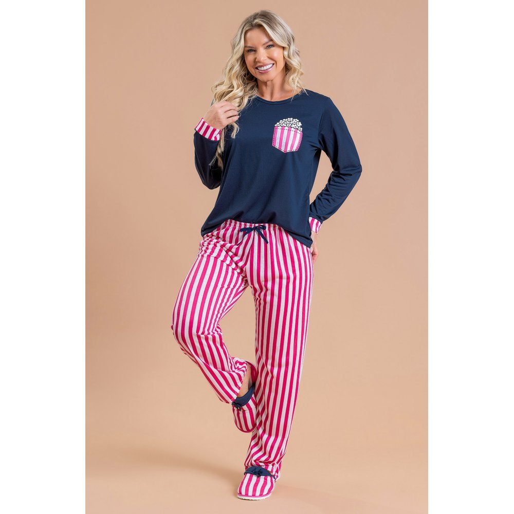Pijama Longo Feminino Inverno Adulto Calça - Pipocas No Bolso