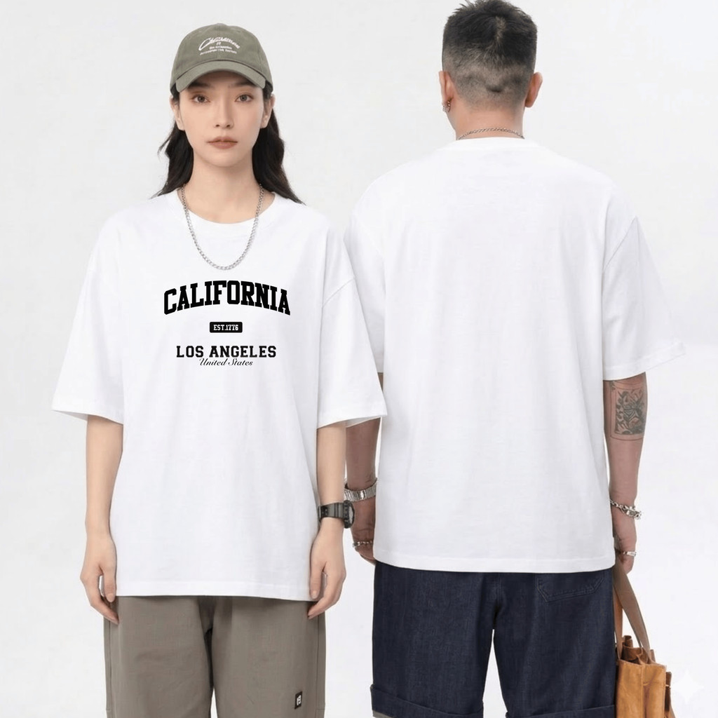 Camiseta Oversized Branca California LA Estampada 100% Algodão Casual Streetwear Feminina