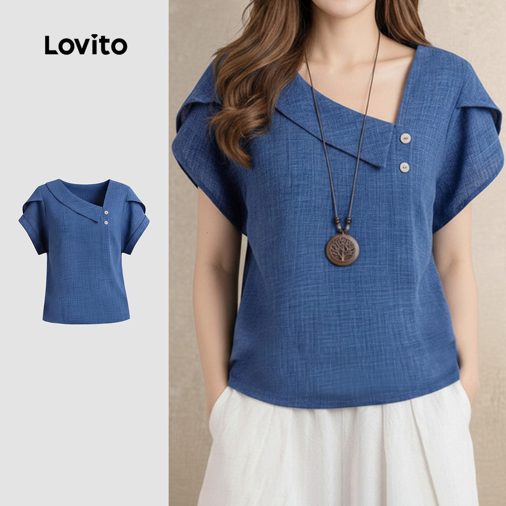 Lovito Casual Blusa Elegante Assimétrica Botão Primavera/verão Azul Blusa para M