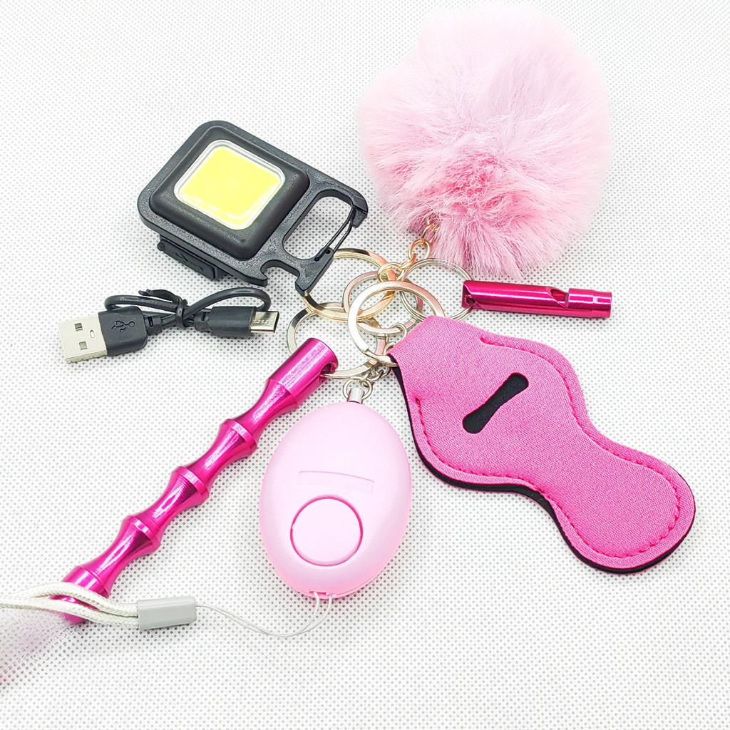 Combinação De Chaveiro Feminino 130db Apito De Alarme Com Pompom E Luz Brilhante COB