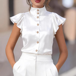 Feminino Branco Cetim Gola Plissado Manga Camisas E Blusas Moda Elegante Escritório Senhoras Deslocamento Blusa Topos Ro