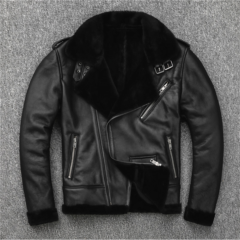 Novo estilo de lã de couro genuíno um lã de cordeiro jaqueta de couro masculino jaqueta de couro genuíno lapela motocicl