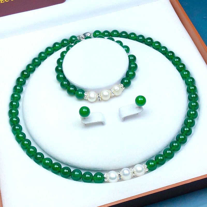 Conjunto de colar de ágata colar de pérolas calcedônia grânulo corrente pérola mãe corrente brincos pulseira dia das mãe