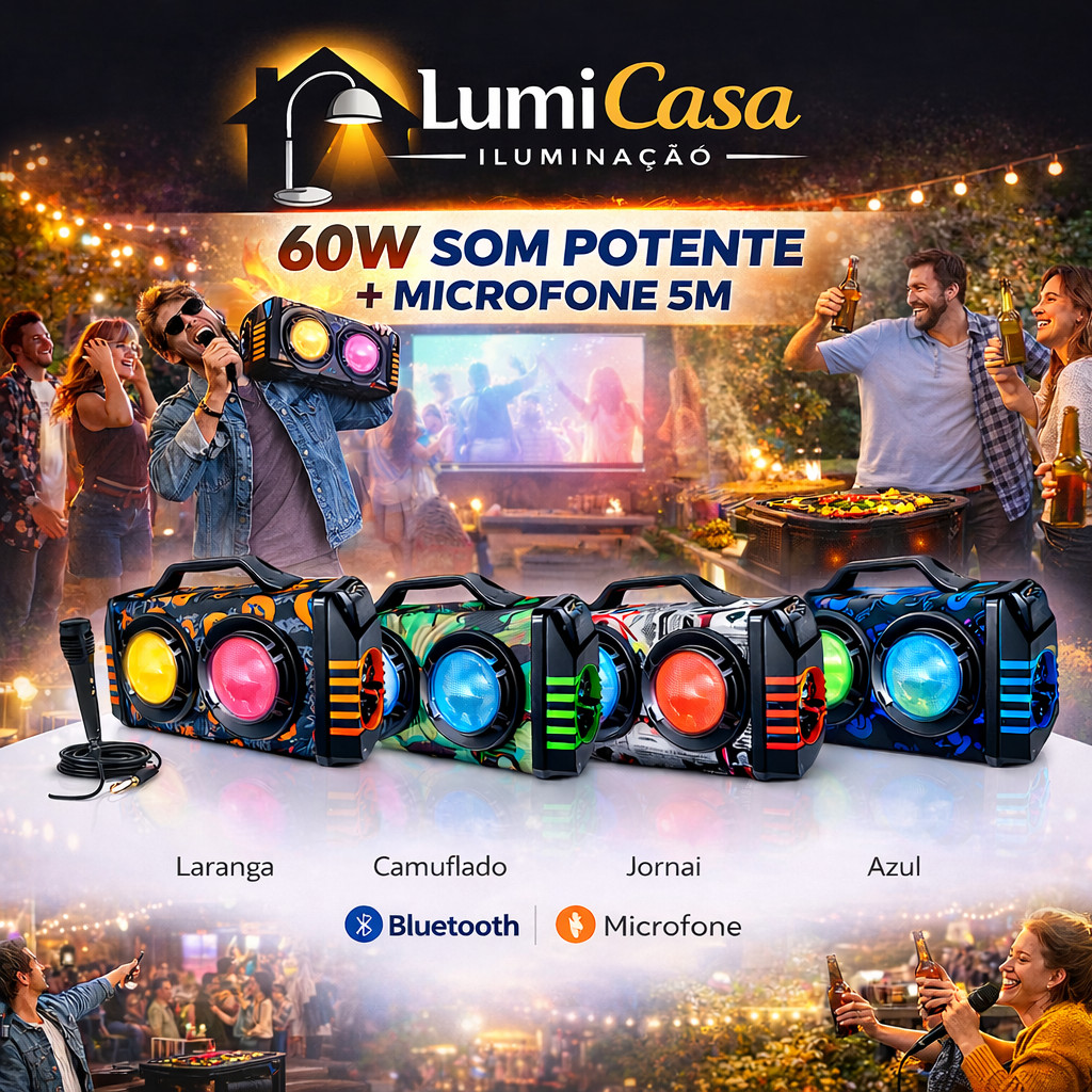Caixa de Som Bluetooth 60W RGB com Microfone 5m Karaokê Portátil