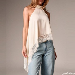 Colete Feminino Com Gola Halter , Verão , Sem Mangas , Costas Abertas , Irregular , Renda , Bainha , Regata em Oferta na Shopee