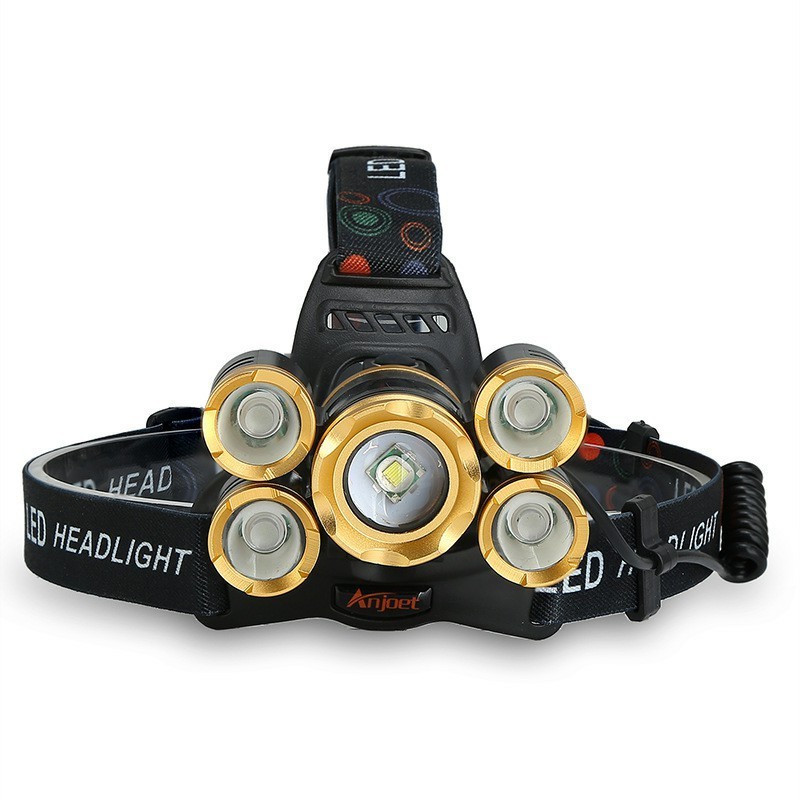 Farol de Cabeça LED Recarregável USB 5 LEDs Ajustável com 4 Modos Ideal para Camping Trilha Pesca