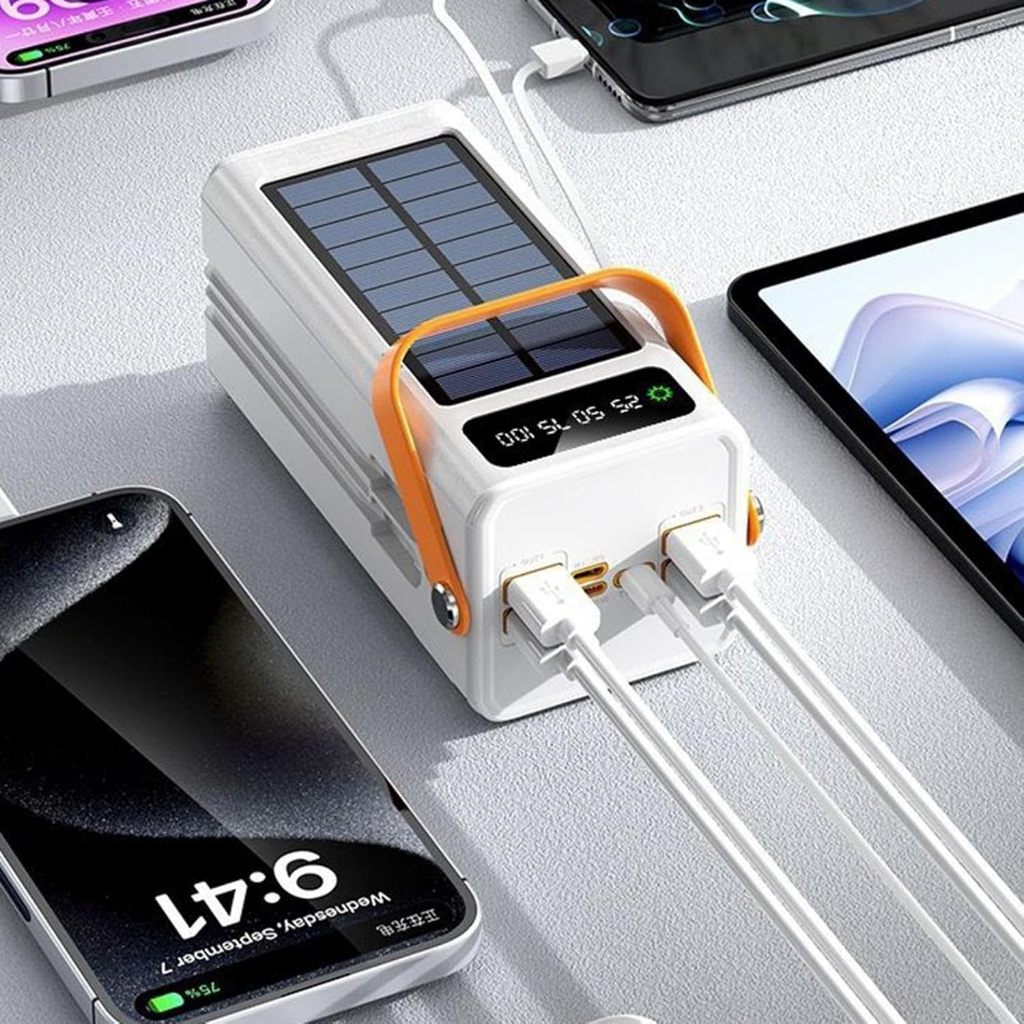 Banco de Energia Portátil Solar 50000mAh – Cabo Incluso, Carregamento Sem Complicações