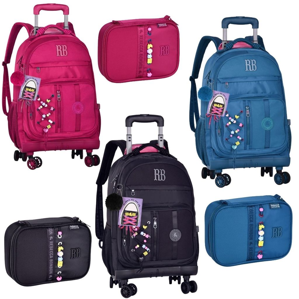 Kit Material Escolar Rebecca Bonbon Infantil C/ Mochila de Rodinhas Estojo Box 36 Pens Design Reforçado P/ Meninas