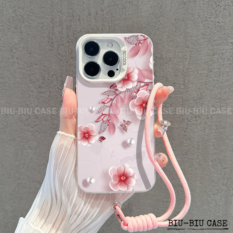 Capinha capa de Flor Colorida iPhone 17 11 12 13 15 14 16 Pro Max Xr Xs Max 7+ 8+ pulseira rosa Capa TPU choque