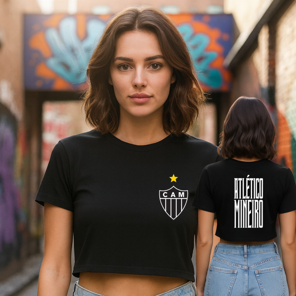 Cropped Camiseta T-shirt Esportiva Time Futebol Atlético Mineiro Galo 100% Algodão Frente e Costas