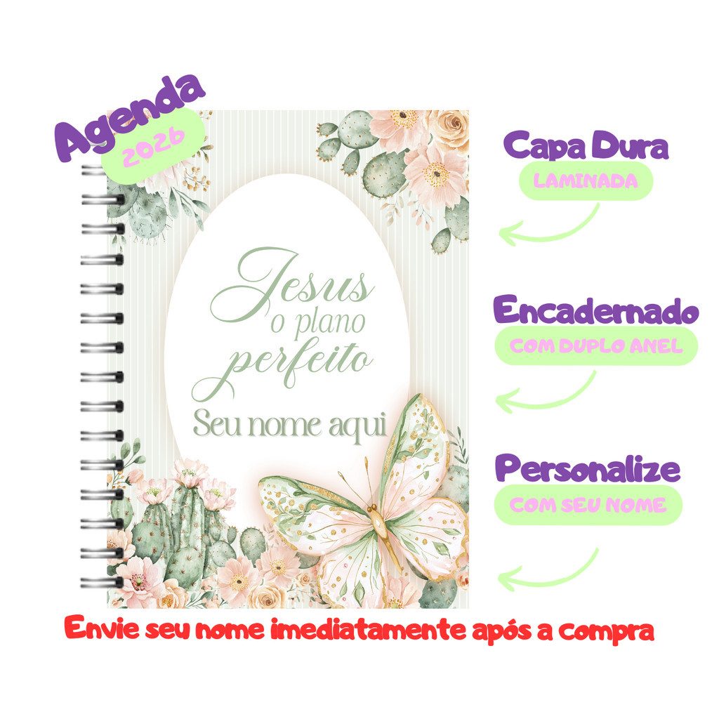 Agenda 2026 Personalizada com Nome • Cactos • A5 • 1 Dia por Página • Miolo Colorido • 326 Páginas
