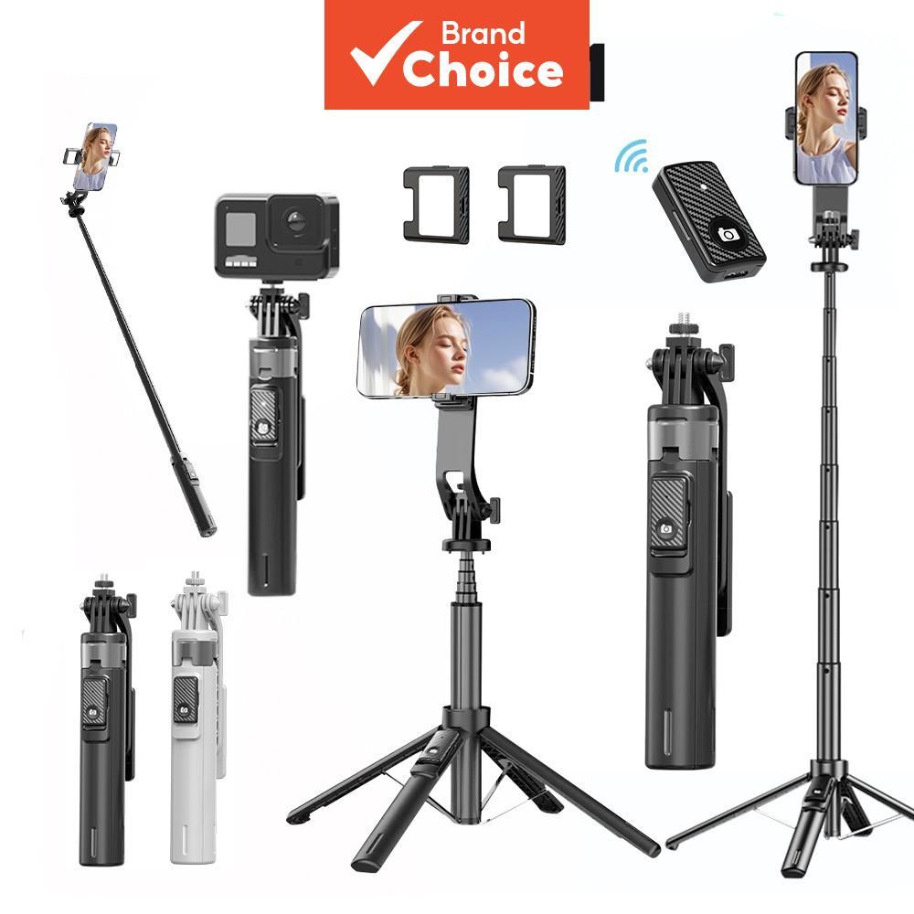 Bastão de Selfie para Celular Sem Fio com Luz LED, Controle Remoto Bluetooth, Ajustável, Tripé Quadruplo, Monopé,