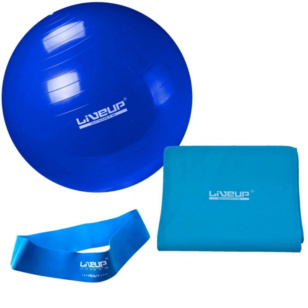 Treino Funcional Kit Azul Bola Suíça 65cm + Faixa Elástica Intensidade Forte + Mini Band Forte Liveup
