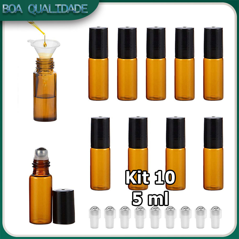 Kit 10 5ml Frascos roll-on de vidro âmbar tampas de plástico preto frascos para amostras óleos essenciais e aromaterapia