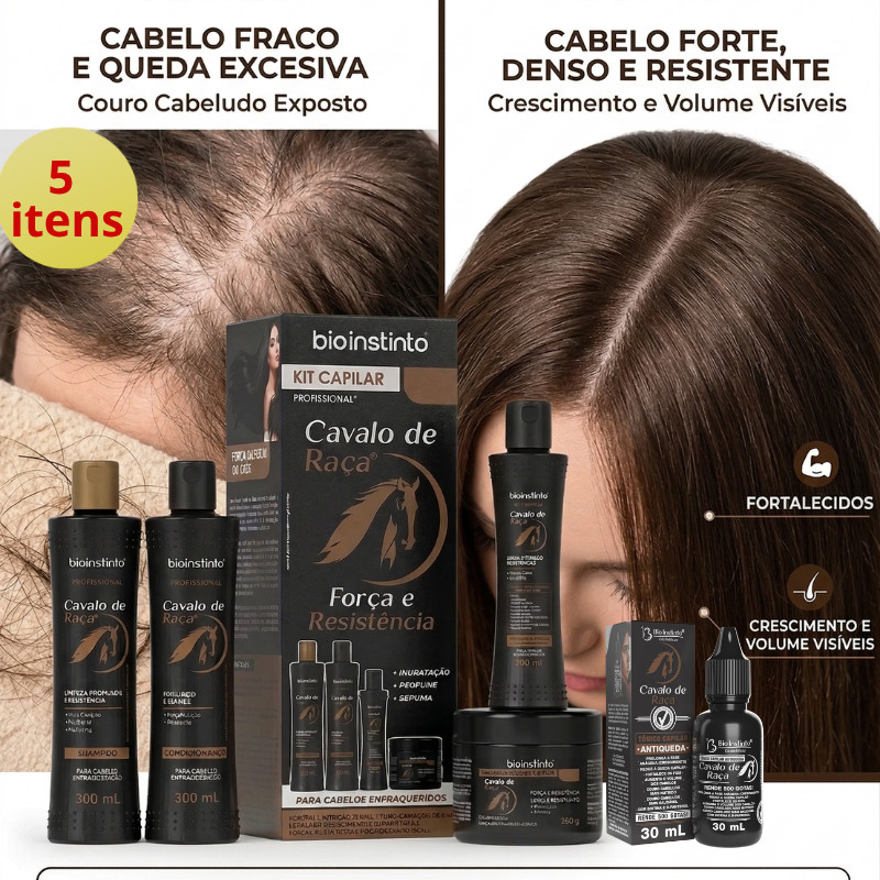 Kit 5 Itens shampoo e condicionador leave in máscara de hidratação tônico capilar profissional cavalo de raça em Oferta na Shopee