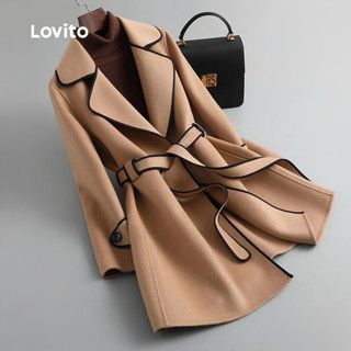 Lovito Casaco Elegante com Detalhes Contrastantes e Faixa Casaco Cáqui de Outono/inverno para Mulheres LNL141445 em Oferta na Shopee