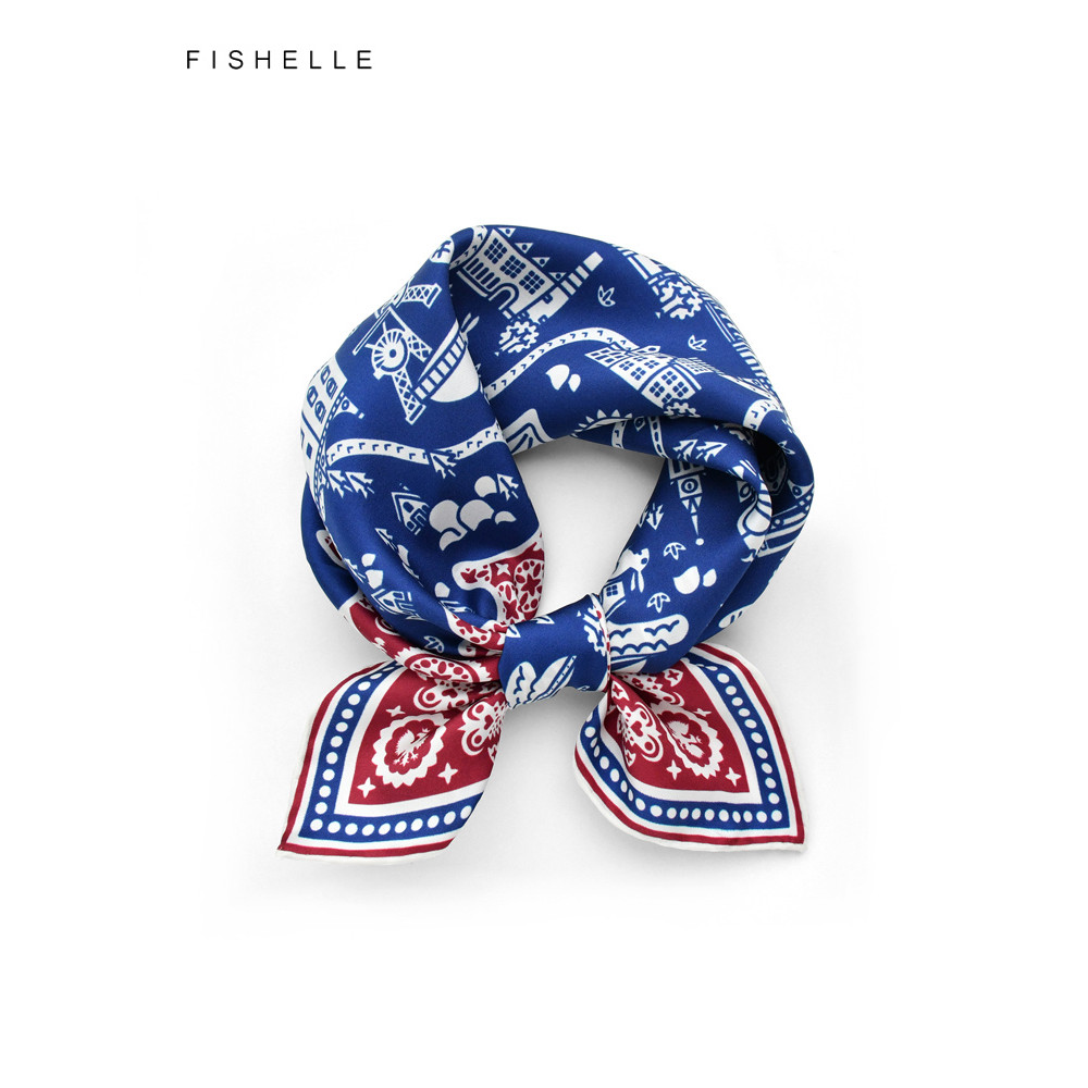 Vermelho azul conto de fadas mundo sarja seda pequeno lenço quadrado feminino primavera outono amoreira lenço de seda cr