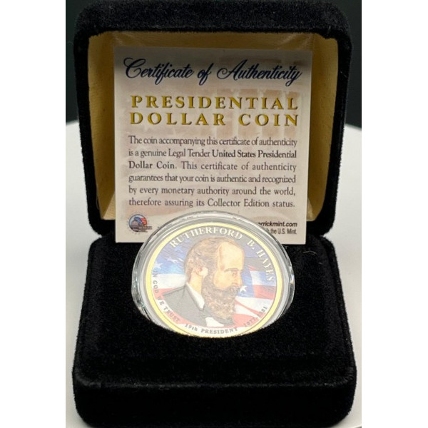 Moeda Estados Unidos - Estojo com Moeda Fantasia de 1 Dollar - Presidente Rutherford Hayes - Certificado da