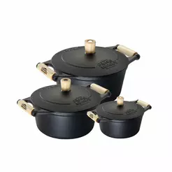 Kit Panela de Ferro Fundido 3 Peças Caçarolas com Alça de Madeira Panela Mineira
