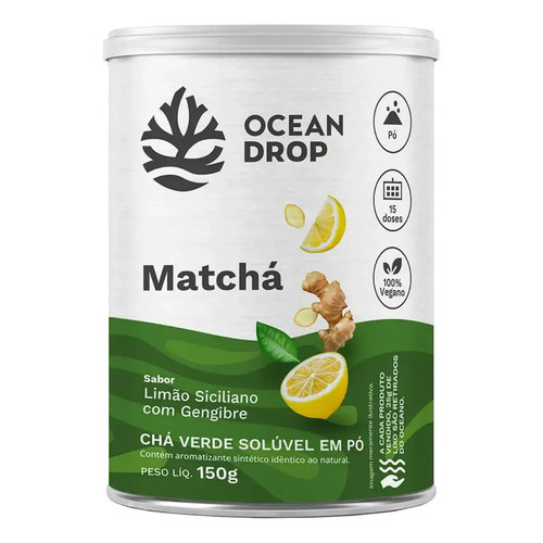 Matcha Em Pó 150g Ocean Drop Vegano 15 Doses Chá Verde Limão Siciliano Com Gengibre