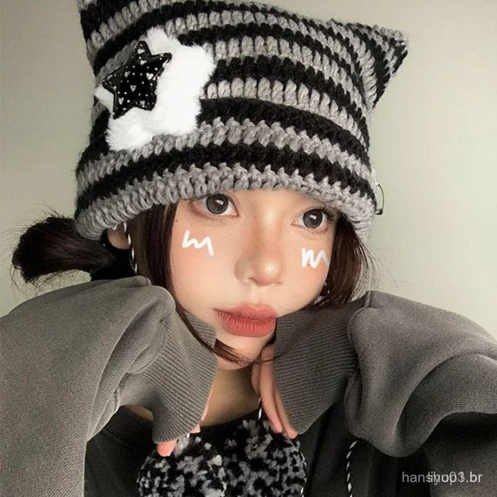 Gorro AMARLIS Y2K, Bonito Chapéu Listrado com Estrela e Orelhas de Gato para Mulheres, para Outono e Inverno BJX2