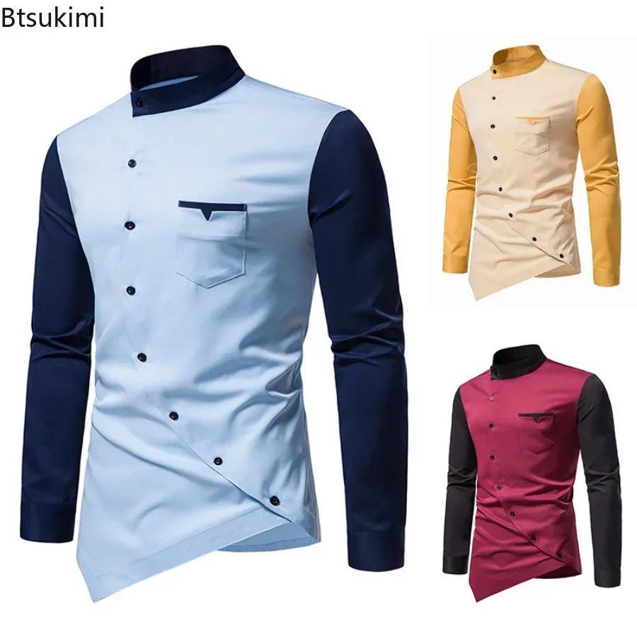 2026 Camisas Casuais Masculinas Retalhos Irregular Botão Oblíquo Manga Longa Vestido Masculino Casamento Camisa De Negóc
