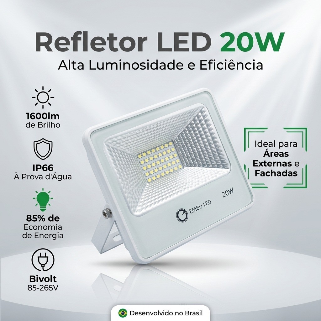 Refletor LED SMD 20W Bivolt Branco Frio IP66 Alumínio Branco