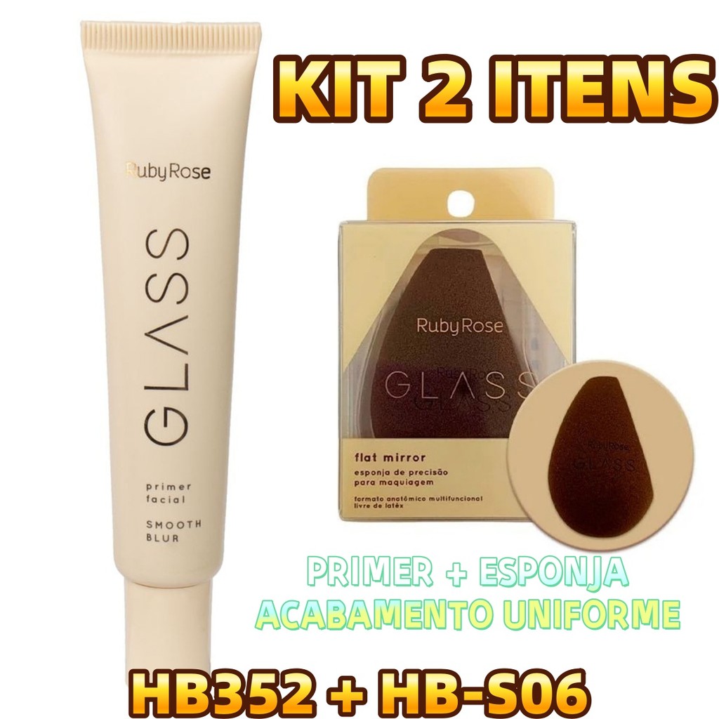 Kit Primer Facial Smooth Blur Glass HB352 + Esponja Flat Mirror Glass Ruby Rose HB-S06