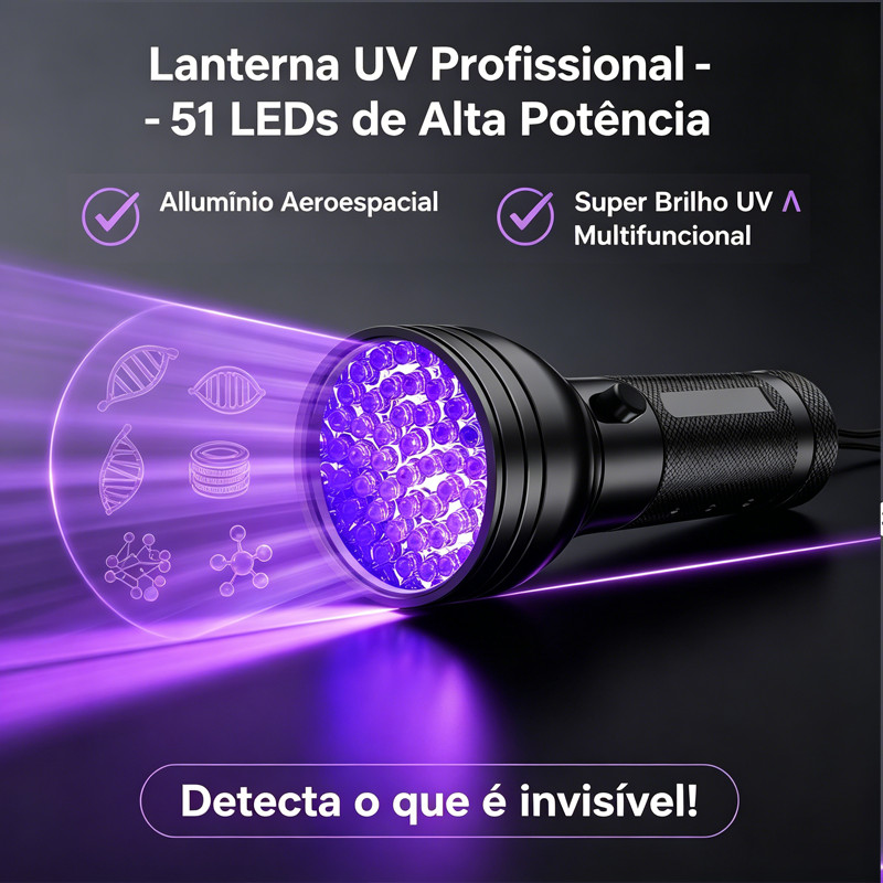 Lanterna Tática 51 LED UV Luz Negra Ultravioleta - Detector de Urina Pet, Notas Falsas e Escorpiões - Alumínio