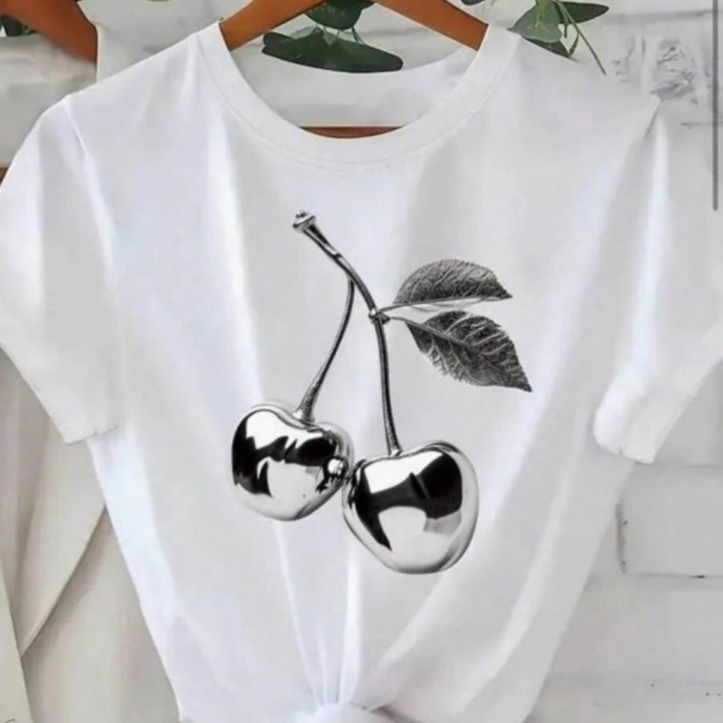 [Camiseta Premium Algodão Puro]LA Camiseta Feminina Cereja Prata Estampada Premium Confortável Estilosa Casual

