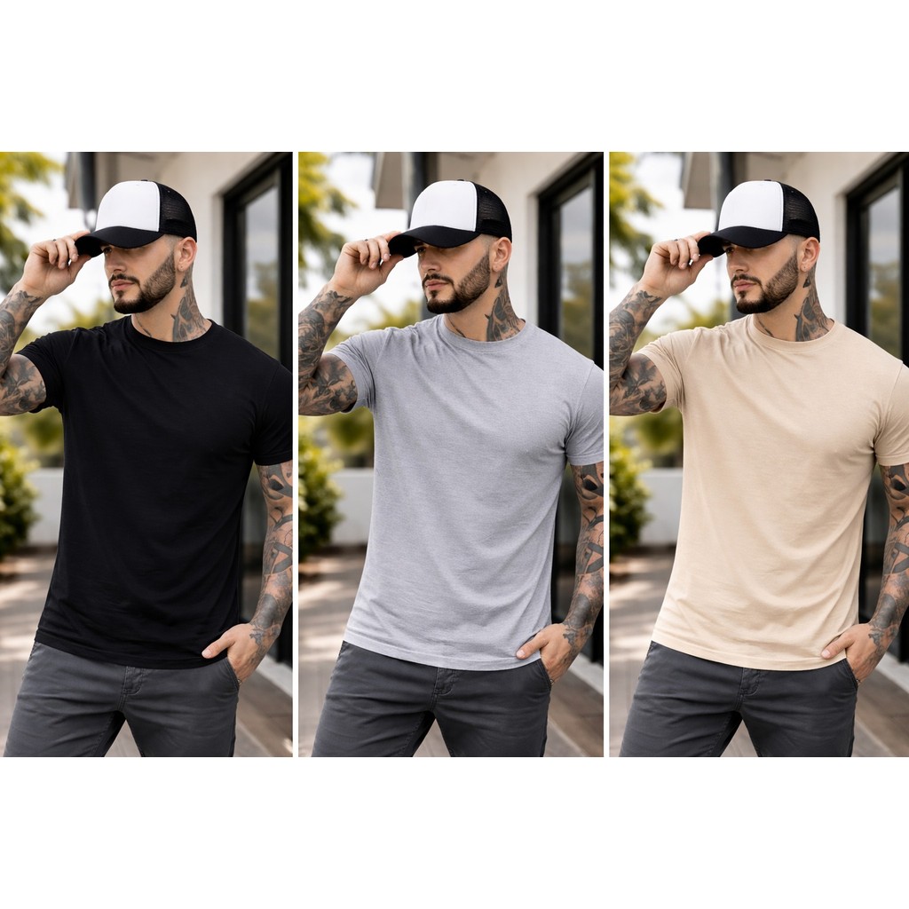 Kit Camiseta de Algodão + Boné Trucker Americano Masculino Boné aba curva de telinha regulável